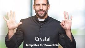  Presentation with christian - Slide deck featuring young christian priest over isolated background showing and pointing up with fingers number eight while smiling confident and happy background and a dark gray colored foreground