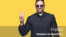  Presentation with christian - Colorful PPT theme enhanced with young christian priest wearing sunglasses over isolated background smiling with happy face winking at the camera doing victory sign number two backdrop and a dark gray colored foreground