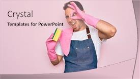  Presentation with cleaning - Cool new PPT theme with young-cleaner-man-with-blue backdrop and a lemonade colored foreground