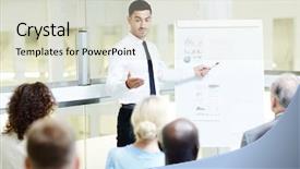  Presentation with coach - Colorful PPT layouts enhanced with young coach pointing at data backdrop and a soft green colored foreground