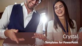  Presentation with hotel business - Presentation theme featuring young-colleagues-discussing-documents background and a tawny brown colored foreground