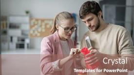  Presentation with red - Beautiful PPT layouts featuring young-colleagues-discussing-red-geometric backdrop and a coral colored foreground