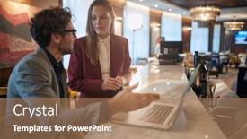  Presentation with young business people - Audience pleasing PPT theme consisting of young-colleagues-discussing-the-job backdrop and a coral colored foreground