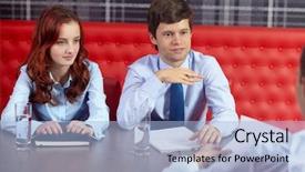  Presentation with job interview - Slide set featuring bearded man in grey shirt with short sleeves looking down on grey background mock up background and a light gray colored foreground