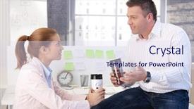  Presentation with coffee - Amazing presentation theme having young colleagues having coffee break backdrop and a sky blue colored foreground