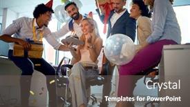  Presentation with birthday party - PPT theme featuring young-colleagues-making-surprise-birthday background and a gray colored foreground