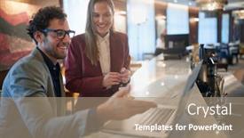  Presentation with young business people - Audience pleasing presentation theme consisting of young-colleagues-talking-about-business backdrop and a coral colored foreground