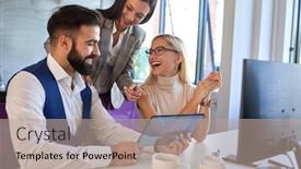  Presentation with tech - Slide set with young-colleagues-testing-hi-tech background and a mint green colored foreground