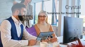  Presentation with testing - Cool new presentation theme with young-colleagues-testing-hi-tech backdrop and a light blue colored foreground