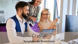  Presentation with tech - PPT theme enhanced with young-colleagues-testing-hi-tech background and a soft green colored foreground