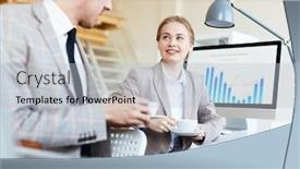  Presentation with coffee talk - Presentation design having young-colleagues-with-cups-having background and a light gray colored foreground