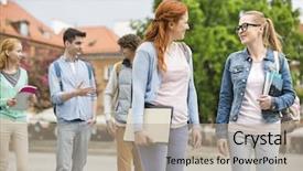  Presentation with college - Beautiful presentation theme featuring young college friends walking on street backdrop and a mint green colored foreground