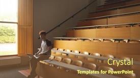  Presentation with college - Beautiful PPT theme featuring young-college-student-using-laptop backdrop and a tawny brown colored foreground