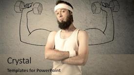  Presentation with weight lifting - Slide deck with young college student with beard and glasses posing in front of grey background thinking about lifting weight with big muscles illustrated by white drawing concept background and a coral colored foreground