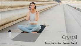  Presentation with city street - Presentation design having young-concentrated-woman-in-headphones background and a  colored foreground