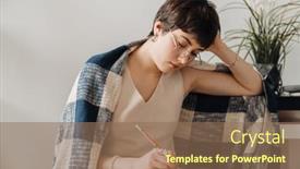  Presentation with writing notes - Presentation design having young-concentrated-woman-wrapped background and a  colored foreground