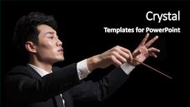 Presentation with baton - Colorful PPT theme enhanced with young conductor with baton raised backdrop and a black colored foreground