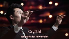  Presentation with conductor - Amazing PPT theme having young conductor with baton raised backdrop and a wine colored foreground