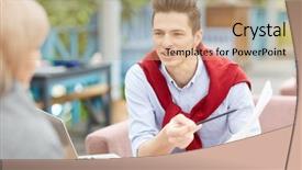  Presentation with negotiation - PPT layouts having young confident agent explaining data background and a  colored foreground