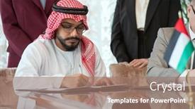  Presentation with partnership - Amazing PPT theme having young-confident-arabian-businessman backdrop and a coral colored foreground