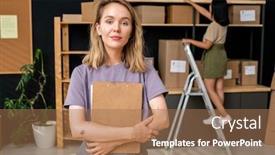  Presentation with storage - PPT theme featuring young-confident-blond-female-worker background and a coral colored foreground
