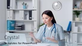  Presentation with front desk - Cool new slide deck with young-confident-brunette-doctor backdrop and a light blue colored foreground