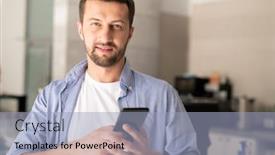  Presentation with scrolling - Presentation design with young confident businessman in casualwear standing in front of camera in cafe while scrolling or texting in smartphone background and a light blue colored foreground