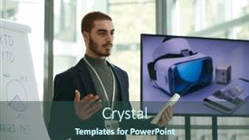  Presentation with audience - PPT theme with young-confident-businessman-in-formalwear background and a ocean colored foreground