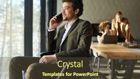  Presentation with coworkers - PPT theme having young-confident-businessman-in-whellchair background and a  colored foreground