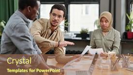  Presentation with data analysis - PPT theme with young-confident-businessman-with-document background and a coral colored foreground