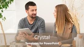  Presentation with new ideas - Colorful presentation design enhanced with young confident businessman with touchpad looking at his colleague during discussion of ideas for new project at meeting in cafe backdrop and a coral colored foreground