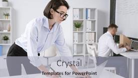  Presentation with front desk - PPT theme featuring young-confident-businesswoman-bending-over background and a light gray colored foreground