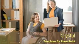  Presentation with business report - PPT theme enhanced with young-confident-businesswoman-with-laptop background and a tawny brown colored foreground