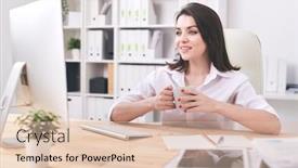  Presentation with front desk - Audience pleasing theme consisting of young-confident-businesswoman-with-mug backdrop and a lemonade colored foreground