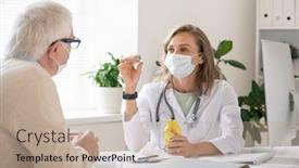  Presentation with hospital mask - Theme having young-confident-doctor-in-whitecoat background and a coral colored foreground
