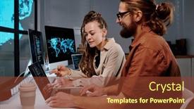  Presentation with data meeting - PPT theme having young-confident-female-programmer-pointing background and a tawny brown colored foreground