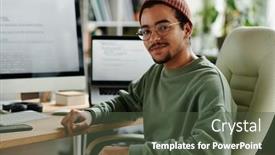  Presentation with computer software - PPT layouts enhanced with young-confident-it-engineer background and a tawny brown colored foreground