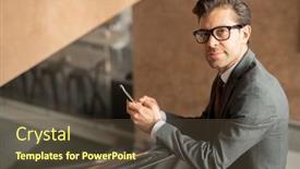  Presentation with scrolling - Presentation theme featuring young confident male business agent looking at you while standing in front of camera by railings and scrolling in smartphone background and a tawny brown colored foreground