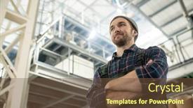  Presentation with factory - Slide deck consisting of young-confident-male-worker background and a tawny brown colored foreground