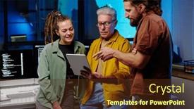  Presentation with new office - Slides consisting of young-confident-man-pointing background and a tawny brown colored foreground