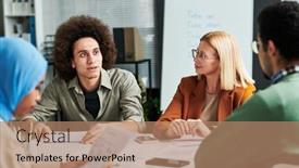  Presentation with questions - Slide set having young-confident-multi-ethnic-male background and a coral colored foreground