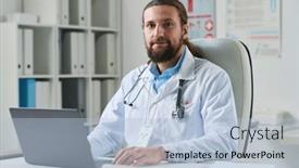  Presentation with medical laptop - PPT layouts featuring young-confident-online-doctor background and a light blue colored foreground