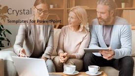  Presentation with housing - PPT layouts having young confident real estate agent making presentation of new housing project to mature couple at meeting background and a coral colored foreground