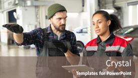  Presentation with points - Colorful presentation enhanced with young-confident-repairman-in-gloves backdrop and a violet colored foreground