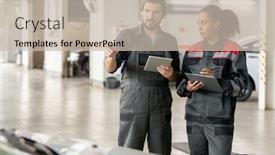  Presentation with using digital tablet - PPT theme enhanced with young-confident-repairman-in-uniform background and a soft green colored foreground