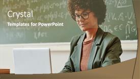  Presentation with teacher - PPT theme having young-confident-teacher-typing background and a coral colored foreground