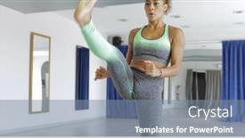  Presentation with breathing - Colorful theme enhanced with young confident woman in stylish sportswear breathing and working out lifting leg up while training alone in studio backdrop and a gray colored foreground