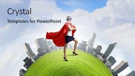  Presentation with hero woman - Audience pleasing presentation theme consisting of young confident woman in super backdrop and a  colored foreground