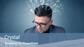 Presentation with question marks - Audience pleasing presentation theme consisting of young confused businessman reading daily backdrop and a teal colored foreground