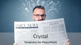  Presentation with question marks - Slide deck consisting of young confused businessman reading daily background and a light gray colored foreground